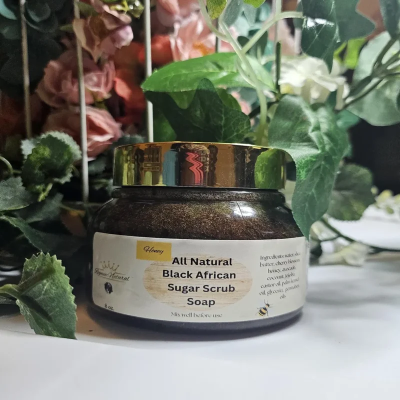 Luxury African Black Soap Sugar Scrub-Honey, Shea Butter & Coconut Oil, Essential oils, Cherry Blossom Fragrance-8oz